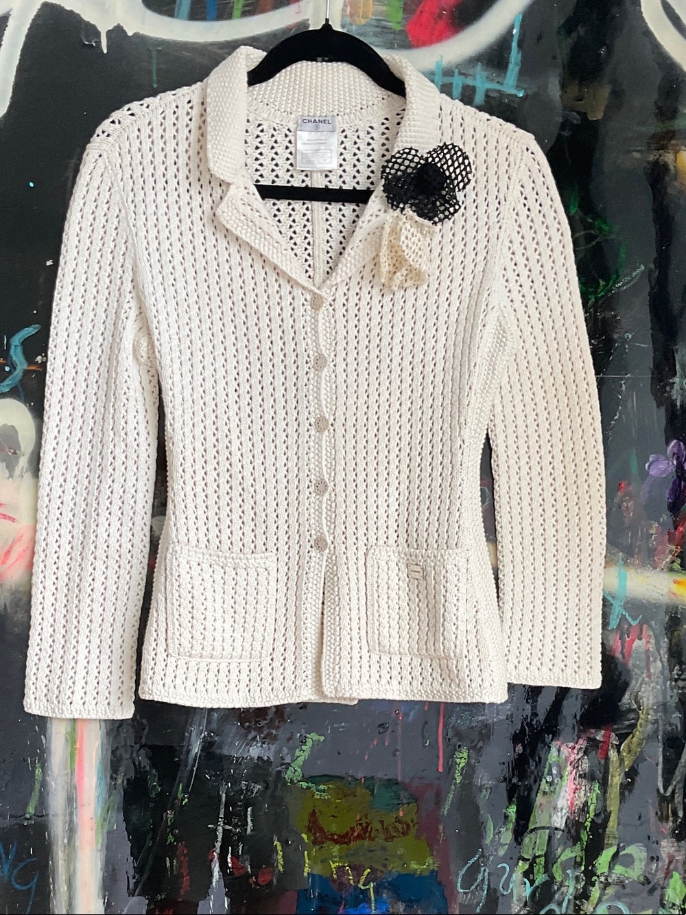 CHANEL Cream Openwork Crochet Jacket with Decorative Brooch